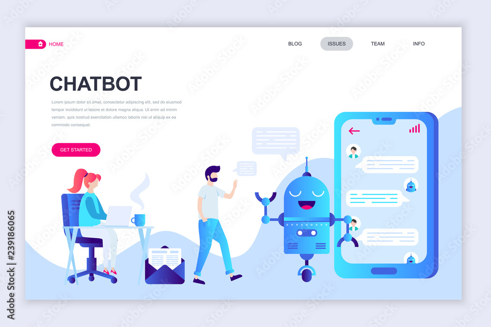 Wall mural modern flat web page design template of chat bot and marketing decorated people character for websit