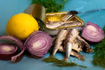 Sardines, onion and lemon, closeup.