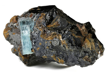aquamarine crystal with black tourmaline from Erongo, Namibia isolated on white background