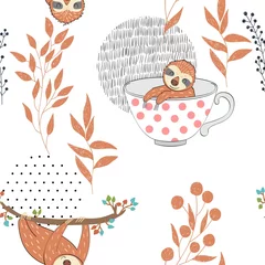 Wallpaper murals Sloths Seamless pattern. Vector hand drawn illustration with funny sloths.
