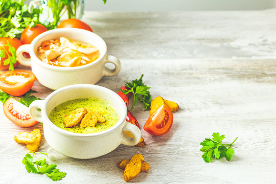 Concept of healthy vegetable and legume soups