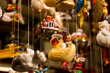 Christmastree decorations at the German Christmas market, close up 