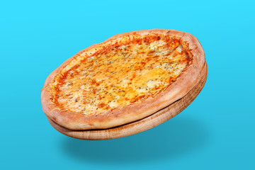 flying italian cheese pizza, on turquoise punchy background, concept