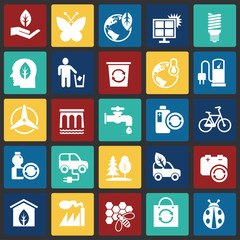 Ecology icons on color squares background for graphic and web design, Modern simple vector sign. Internet concept. Trendy symbol for website design web button or mobile app