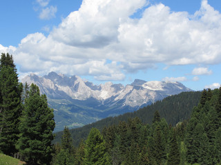 Panoramic mountain view of the italian Dolomites at summer . South Tyrol , Bolzano , Italy