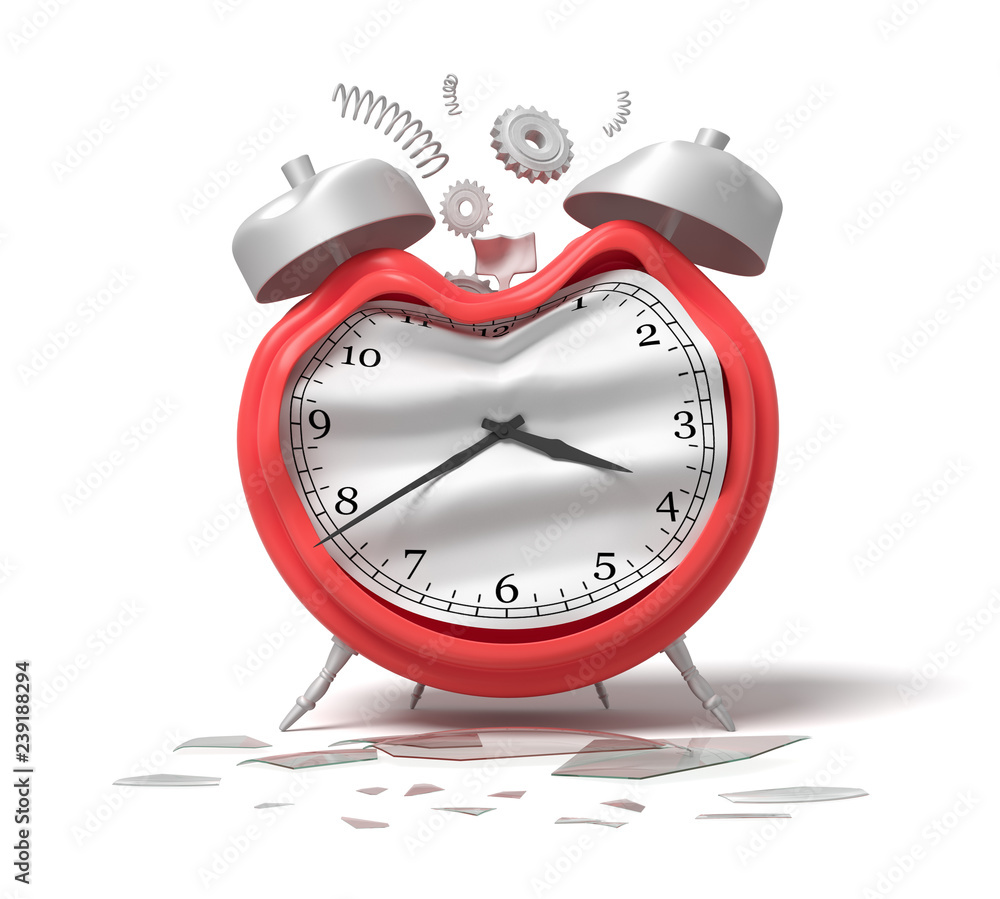 Poster 3d rendering of damaged silver red alarm clock isolated on white background