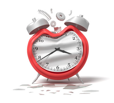 3d rendering of damaged silver red alarm clock isolated on white background