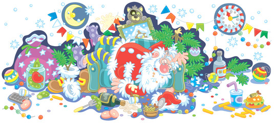 Santa Claus after the New Year feast is slightly drunk and asleep on his couch in a scary mess, vector illustration in a cartoon style to print on a cup