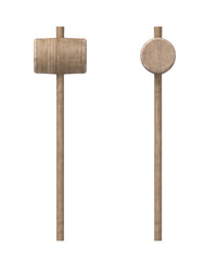 3d rendering of wooden hammer with long thin handle and a big round head.