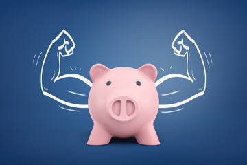 3d rendering of a piggy bank front view with strong arms drawn on both sides on a blue background.