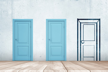 3d rendering of two blue doors and one sketch door drawn on the wall with white wooden floor below