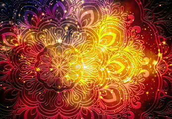 Abstract ancient geometric with star field and colorful galaxy background, watercolor digital art painting and mandala graphic design