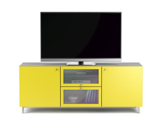 Tv on yellow tv cabinet
