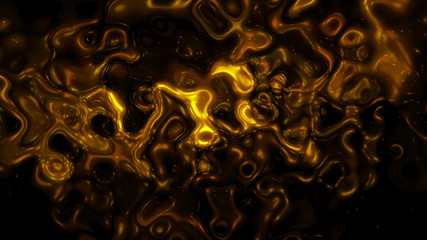 Smooth abstract fantasy background liquid golden distorted spots on a black background.