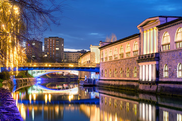 Fototapeta premium Triple bridges, Christmas tree on Preseren's square and Franciscan church, illuminated for Christmas and New Year's celebration, Ljubljana, Slovenia