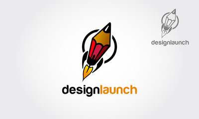 Design Launch Vector Logo Cartoon. Creative Rocket in circle. Vector Logo Template. Isolated Pencil-Rocket Illustration.