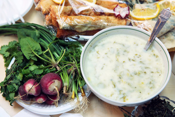 Dovga in the bowl. Radish, coriander, herbs. National Sour-Milk Meal of Azerbaijani Cuisine with Yogurt, Herbs and Greens on Rustic Background Close Up - Image