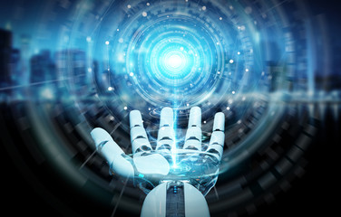 White humanoid hand using digital global network 3D rendering