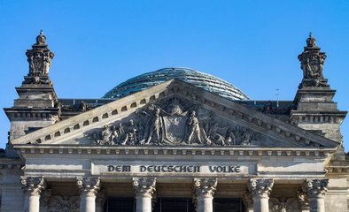 Reistag - parliament building in Berlin. Government quarter. Tourist attraction. Fragments. Close-up. Famous place. The capital of the European city.