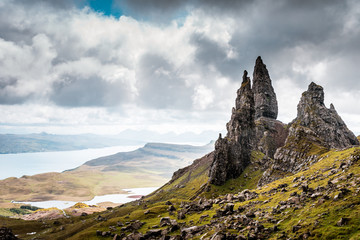 Fototapeta na wymiar Old Man of Storr on a cloudy day, rough weather in Scotland