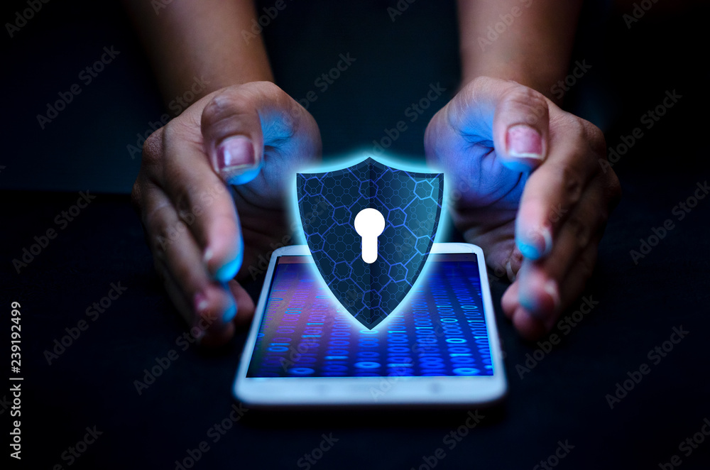 Poster shield internet phone smartphone is protected from hacker attacks, firewall businesspeople press the