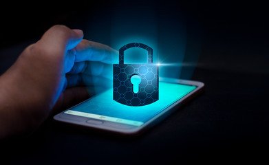 Unlocked smartphone lock Internet phone hand  press the phone to communicate in the Internet. Cyber...