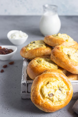 Fresh homemade open patties with cottage cheese and raisins. Traditional Russian yeast pastry vatrushka, round buns, curd tart. Buns with cottage cheese and raisins. Rustic style. Copy space.