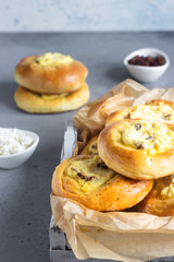 Fresh homemade open patties with cottage cheese and raisins. Traditional Russian yeast pastry vatrushka, round buns, curd tart. Buns with cottage cheese and raisins. Rustic style. Copy space.