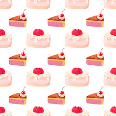 Cream strawberry cake seamless pattern Chocolate cake with cherry Bakery sweets background