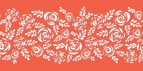 Floral vector border white roses on coral red seamless. Scandinavian style flowers and leaves. Floral silhouettes. Flower pattern for Valentines, greeting card, poster, banner, frame, stencil, wedding