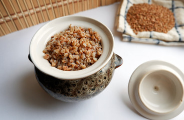 Soaked buckwheat in a pot