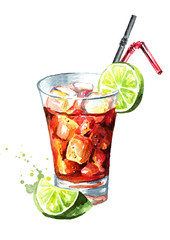 Glass of  Cuba Libre cocktail with lime. Watercolor hand drawn illustration, isolated on white background