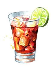 Glass of  Cuba Libre Drink with lime. Watercolor hand drawn illustration, isolated on white background