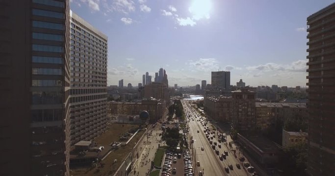 Aerial view of New Arbat street at sunny summer day in Moscow 4k