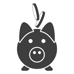 Icon piggy bank with falling coins into it. Vector on white background