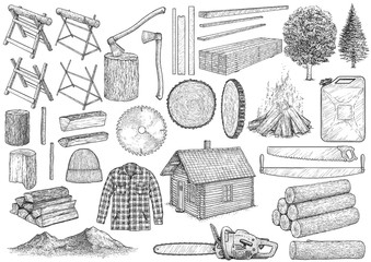 Lumberjack equipment collection illustration, drawing, engraving, ink, line art, vector
