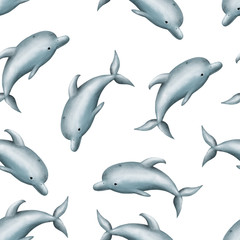 seamless pattern blue dolphins on a white background