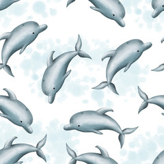 seamless pattern blue dolphins on a white background