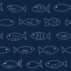 A flock of swimming fish.  Seamless pattern. Hand drawn design