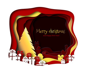 Merry christmas paper cut with tree vector. Around the fir are gifts decorated with ribbons. Multi-layered decorative illustration.