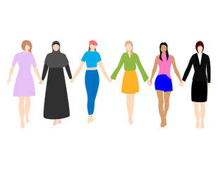 Happy women or girls standing together and holding hands. Group of female friends, union of feminists, sisterhood. Flat cartoon characters isolated on white background. Vector illustration.