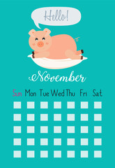 Obraz premium Vector cartoon style illustration of November cute calendar page with pink pig laying on pillow saying hello. Template for print.