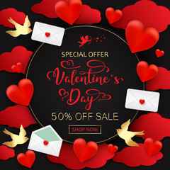 Valentines day sale background with hearts, letters, envelopes and birds on red background. Vector illustration.Wallpaper.flyers, invitation, posters, brochure, banners