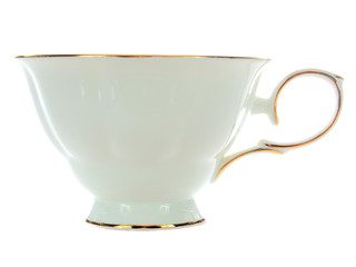 white porcelain cup with gold trim, side view