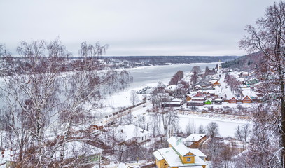 Winter View of the small town of Plyos on the banks of the Volga from the Cathedral Mountain