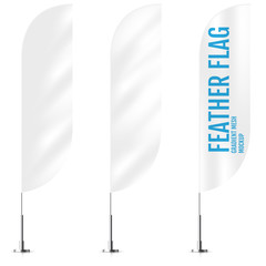 White textile feather banner flags. Banner flag mockups set. Feather concept.  Set of vector advertising mockups.