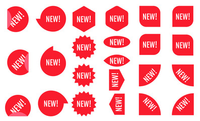 New sticker set. Red promotion labels.  Modern vector flat style illustration isolated on white background. Red promotion labels for new arrivals shop section.