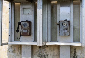 Front view of old Russian public phones
