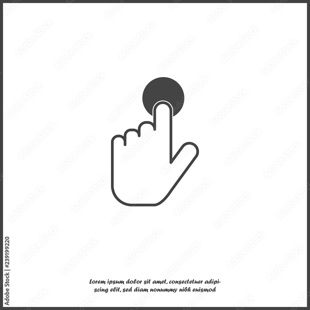 Poster the hand clicks on the button. cursor icon on white isolated background. layers grouped for easy edi