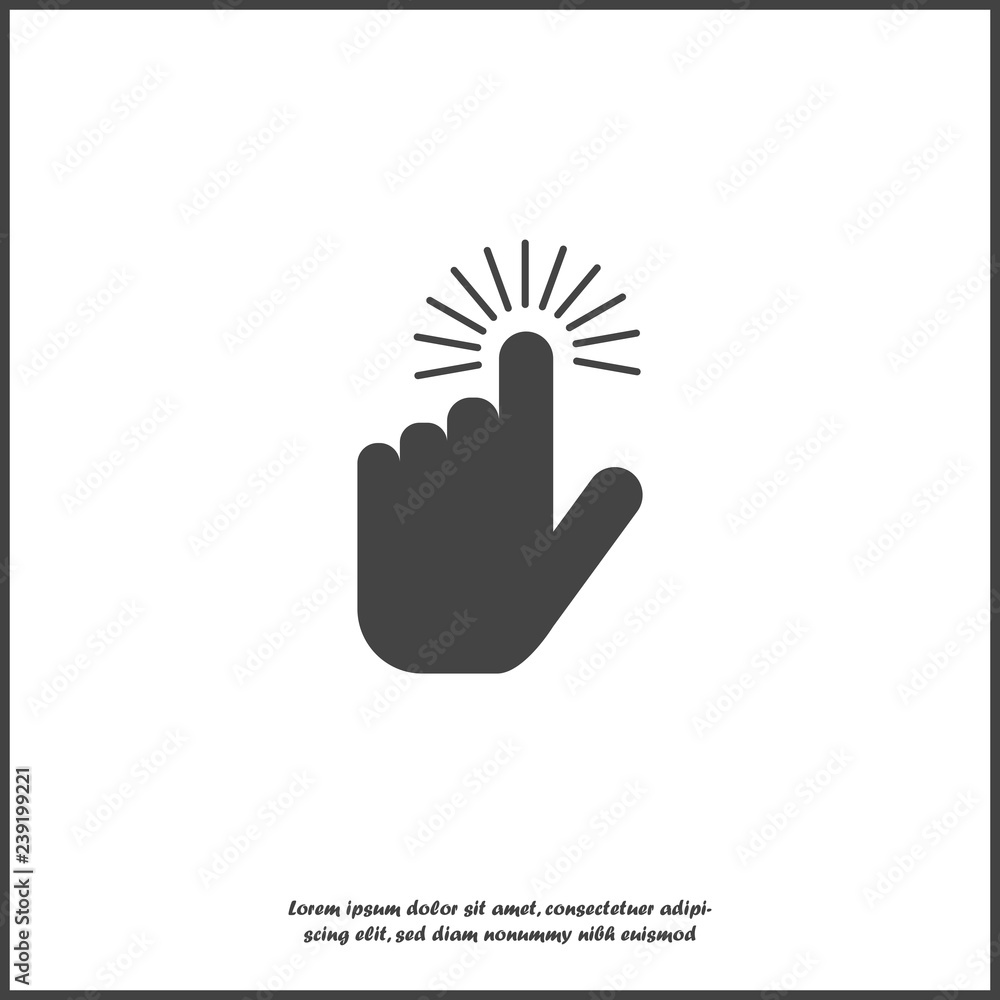 Poster the hand clicks on the button. cursor icon on white isolated background. layers grouped for easy edi